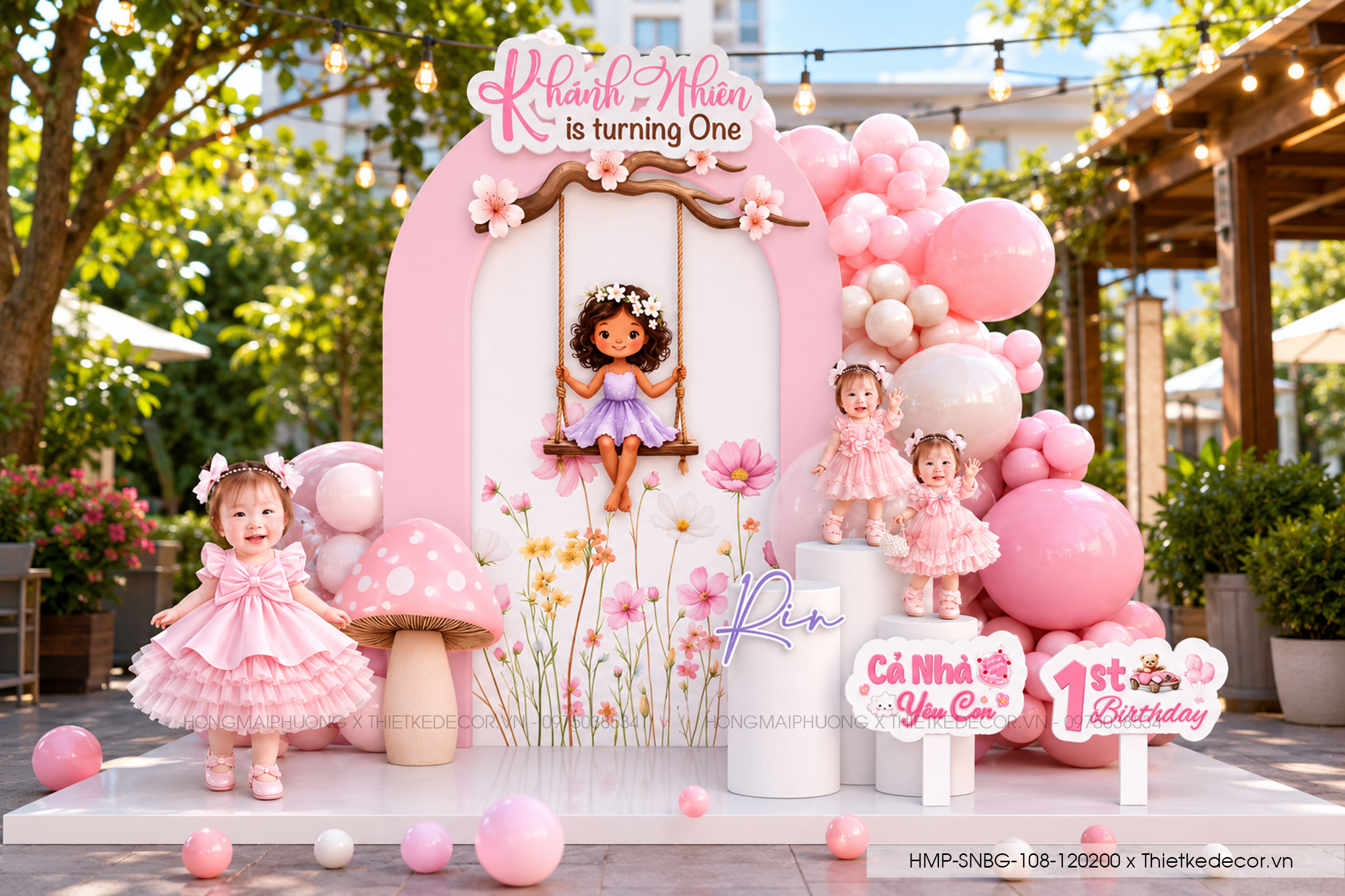 File thiết kế decor trang trí tiệc sinh nhật bé gái chủ đề khu vườn hoa cute dễ thương đáng yêu tone hồng